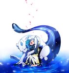  ai2 akezu blue_hair child closed_eyes dress gen_1_pokemon hug mewtwo petals pokemon pokemon_(anime) pokemon_(classic_anime) pokemon_(creature) pokemon_m01 sandals sitting smile tail water 