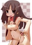  angry blush breasts brown_eyes brown_hair cleavage dark_skin detached_sleeves forehead_jewel hand_on_hip long_hair lu_afrarn navel open_mouth reku revealing_clothes solo summon_night summon_night_2 