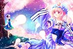  bad_id bad_pixiv_id blue_eyes bow cherry_blossoms ghost hairband hat hitodama japanese_clothes katana kimono konpaku_youmu konpaku_youmu_(ghost) lilith_(lilithchan) multiple_girls open_mouth pink_hair red_eyes saigyouji_yuyuko short_hair silver_hair skirt sword touhou weapon 