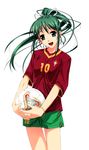  2002_fifa_world_cup absurdres adidas aqua_eyes ball clothes_writing fevernova green_hair highres jersey long_hair murakami_suigun open_mouth ponytail portugal shorts soccer soccer_ball soccer_uniform solo sportswear world_cup 