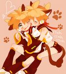  1girl amezawa_koma animal_ears aqua_eyes bad_id bad_pixiv_id blonde_hair blush brother_and_sister cat_ears cat_tail clone cosplay fang headphones kagamine_len kagamine_rin kagamine_rin_(cosplay) licking necktie shorts siblings tail twins vocaloid wince 