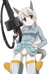  animal_ears blonde_hair blue_eyes drum_magazine dual_drum_magazine eila_ilmatar_juutilainen gun hand_on_hip long_hair machine_gun mg42 pantyhose solo strike_witches tail wan'yan_aguda weapon white_legwear world_witches_series 