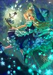  ama-tou apron blonde_hair bow braid broom faux_traditional_media frills gathers glowing hair_bow hand_on_headwear hat highres kirisame_marisa lantern light long_hair mary_janes open_mouth petticoat shoes smile solo star touhou waist_apron witch_hat yellow_eyes 