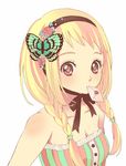  bad_id bad_pixiv_id bare_shoulders blonde_hair braid breasts bug butterfly cleavage flower frills hair_over_shoulder hairband insect katou_sami letter long_hair love_letter medium_breasts mouth_hold original red_eyes ribbon rose sleeveless solo star twin_braids upper_body 