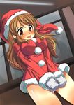  asahina_mikuru asami blush breasts brown_hair christmas covering covering_crotch dress dress_tug dutch_angle embarrassed fur_trim hat impossible_clothes impossible_dress large_breasts long_hair mittens open_mouth orange_eyes panties pantyshot pantyshot_(standing) pink_panties santa_costume santa_hat shiny shiny_skin short_dress solo standing suzumiya_haruhi_no_shoushitsu suzumiya_haruhi_no_yuuutsu tears thighs underwear window 