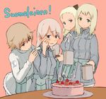  bad_id bad_pixiv_id blonde_hair blue_eyes blush brave_witches cake cup eila_ilmatar_juutilainen elma_leivonen finnish food green_eyes mika_ahonen military military_uniform multiple_girls nikka_edvardine_katajainen pantyhose pastry shibafu_(glock23) strike_witches translated uniform white_legwear world_witches_series 