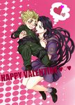  1girl bad_id bad_pixiv_id beard berry-a black_hair blonde_hair blood blush brown_hair chocolate couple facial_hair fingerless_gloves gakuran gloves green_eyes happy_valentine heart height_difference hetero hirose_kouichi jojo_no_kimyou_na_bouken long_hair love_deluxe nosebleed prehensile_hair purple_eyes school_uniform serafuku shoes short_hair socks sweatdrop valentine yamagishi_yukako 