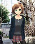  bangs bare_tree blush brown_hair cardigan cowboy_shot day eyebrows_visible_through_hair green_eyes long_sleeves looking_at_viewer masami-san_(regdic) original outdoors pantyhose park plaid plaid_skirt regdic short_hair skirt smile solo tree 