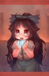  bow brown_hair egg glowing green_bow hair_bow highres long_hair magic_circle open_mouth outstretched_hand red_eyes reiuji_utsuho runes sankuma smile solo touhou 