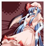  alternate_hairstyle bat_wings blue_hair breasts dress elbow_gloves gloves hat hat_ribbon impossible_clothes impossible_shirt long_hair medium_breasts nozomi_tsubame older red_eyes remilia_scarlet ribbon shirt simple_background smile solo touhou wings 
