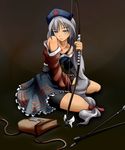  arrow bare_shoulders bike_shorts bow_(weapon) bra dress grey_eyes grey_hair hat lingerie long_hair nurse_cap off_shoulder sentaku_(flashmechanism) sitting solo touhou trigram underwear very_long_hair weapon yagokoro_eirin 