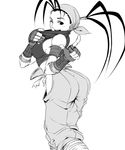  arched_back ass bare_shoulders breasts fingerless_gloves gloves greyscale hip_vent ibuki_(street_fighter) large_breasts looking_back monochrome ninja one_eye_closed sideboob smile solo street_fighter suta_furachina 