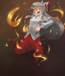  bad_id bad_pixiv_id chiro. fire fujiwara_no_mokou hair_ribbon jumping long_hair long_sleeves open_mouth pants red_eyes ribbon shirt silver_hair solo suspenders touhou white_shirt 