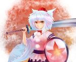  animal_ears autumn_leaves fatherland2009 hat inubashiri_momiji shield short_hair smile solo sword tokin_hat touhou weapon white_hair wolf_ears yellow_eyes 