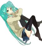  aqua_eyes aqua_hair bad_id bad_pixiv_id gou_(tomero) hatsune_miku legs long_hair necktie simple_background skirt solo sweater thighhighs twintails very_long_hair vocaloid zettai_ryouiki 