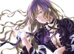  between_breasts breasts brown_eyes brown_hair cleavage flower glowing gradient_hair hijiri_byakuren kyuu_umi large_breasts lips long_hair multicolored_hair no_bra purple_hair ribbon solo touhou 