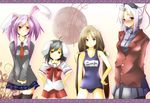  alternate_costume alternate_hairstyle animal_ears blue_eyes brown_eyes brown_hair bunny_ears contemporary hat houraisan_kaguya inaba_tewi jpeg_artifacts long_hair multiple_girls necktie one-piece_swimsuit purple_hair red_eyes reisen_udongein_inaba school_swimsuit school_uniform short_hair silver_hair swimsuit thighhighs to-hou_eiyasyou touhou twintails yagokoro_eirin zettai_ryouiki 