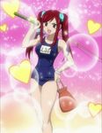  erza_scarlet fairy_tail fish_hair_ornament fishing_rod hair_ornament happy_(fairy_tail) highres one-piece_swimsuit personality_switch pink_background red_hair school_swimsuit screencap short_twintails solo stitched swimsuit third-party_edit twintails 