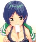  bad_id bad_pixiv_id blue_hair breasts cleavage food green_eyes large_breasts masao mouth_hold one-piece_swimsuit original popsicle school_swimsuit short_hair solo swimsuit upper_body 