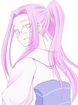  fate/stay_night fate_(series) from_behind glasses japanese_clothes kimono long_hair looking_back pink_eyes pink_hair ponytail rider solo zanku 