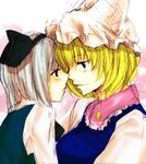  80yakky blonde_hair commentary_request couple eye_contact hat konpaku_youmu looking_at_another multiple_girls touhou yakumo_ran yuri 