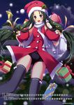  absurdres blue_eyes blush christmas christmas_tree copyright_request gift green_hair hat highres long_hair santa_costume santa_hat solo tamahiyo thighhighs 