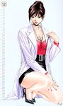  1girl belt breasts choker cleavage coat cross cross_choker cross_necklace crucifix doctor eyeshadow female fubuki_kyouka g-taste heels high_heels highres holding jewelry jpeg_artifacts kneeling labcoat legs lipstick looking_at_viewer makeup mature milf nail_polish necklace red_lipstick shoes short_hair simple_background solo stethoscope white_background yagami_hiroki 