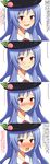  absurdres blue_hair blush crying food food_as_clothes fruit hat highres hinanawi_tenshi long_hair looking_at_viewer peach red_eyes tears touhou translated zetsumame 