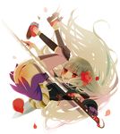  falling flower gloves hair_flower hair_ornament katana katanagatari long_hair male_focus petals red_eyes sandals shirako_mugi solo sword thighhighs toeless_legwear togame weapon white_hair 