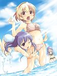  bikini blonde_hair blue_hair blush brown_eyes cloud day furude_rika fuyutarou hairband hanyuu higurashi_no_naku_koro_ni horns houjou_satoko long_hair midair multiple_girls navel one_eye_closed open_mouth outdoors purple_eyes purple_hair red_eyes short_hair sky splashing standing surprised swimsuit tackle water wet 