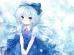  &gt;:) bangs blue_bow blue_dress blue_eyes blue_hair blush bow cirno dress hair_bow highres ice ice_wings large_bow neck_ribbon onineko own_hands_together pale_skin puffy_short_sleeves puffy_sleeves red_ribbon ribbon short_hair short_sleeves smile solo touhou v-shaped_eyebrows v_arms wings 