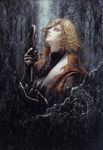  androgynous blonde_hair blue_eyes castlevania castlevania:_lament_of_innocence charcoal_(medium) gloves highres kojima_ayami leon_belmondo male_focus official_art oil_painting_(medium) solo traditional_media whip 