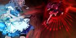  animal_ears ann606 apron battle blue_dress braid bunny_ears clock dress duel frilled_apron frills glowing glowing_eyes grey_hair highres izayoi_sakuya knife long_hair maid multiple_girls pink_skirt purple_hair red_background red_eyes reisen_udongein_inaba short_hair skirt thighhighs touhou twin_braids white_legwear 