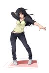  black_eyes black_hair denim hands highres jeans koharu_nosuke long_hair midriff original pants smile socks solo 