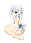  backless_outfit bare_back barefoot blush elf green_eyes lavender_hair looking_at_viewer looking_back micchan one-piece_swimsuit pixiv_fantasia pixiv_fantasia_4 pointy_ears short_hair simple_background sitting soles solo swimsuit toes wariza white_background 