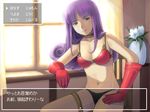  bikini_top blue_eyes curly_hair dragon_quest dragon_quest_iii fake_screenshot gloves long_hair lowres noise_(tsuzuki) panties purple_hair soldier_(dq3) solo translated underwear visual_novel 