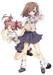  armpit_peek bad_id bad_pixiv_id between_fingers biribiri brown_eyes brown_hair coin highres holding_needle misaka_mikoto multiple_girls needle school_uniform shirai_kuroko short_hair shorts take_shinobu throwing_needles to_aru_kagaku_no_railgun to_aru_majutsu_no_index twintails 