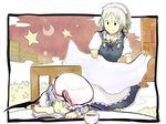  blanket blue_hair book bow braid closed_eyes covering_with_blanket cup hair_bow hat izayoi_sakuya maid_headdress multiple_girls remilia_scarlet sergei_(pattundo) short_hair silver_hair sleeping tea touhou twin_braids 