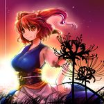  breasts flower hair_bobbles hair_ornament large_breasts onozuka_komachi red_eyes red_hair short_hair smile socha solo sunset touhou twilight two_side_up 