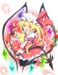  black_legwear blonde_hair fang flandre_scarlet flower hat heart heart_wings kurono_yuzuko laevatein long_hair looking_at_viewer open_mouth plaid plaid_background red_eyes rose side_ponytail solo thighhighs touhou v_arms wings wrist_cuffs 