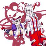  blonde_hair bow elbow_gloves fujiwara_no_mokou gap gloves hair_bow hair_grab hands_in_pockets hat long_hair multiple_girls pants red_eyes suspenders tobi_(discharge_cycle) touhou white_gloves white_hair yakumo_yukari 