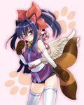  animal_ears bell blue_hair elbow_gloves gloves hair_ribbon hikabe_sakuho long_hair multiple_tails obi ponytail red_eyes ribbon sash shinrabanshou shorts solo tail thighhighs wings yuuyami_no_mikazuki 