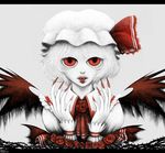  aouji bat_wings eyes fingernails flower hands hat hat_ribbon highres horror_(theme) long_fingernails open_mouth partially_colored remilia_scarlet ribbon rose sharp_teeth short_hair solo teeth thorns tongue touhou vampire wings 