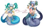  comparison gorgon hand_on_hip kenkou_cross lamia medusa_(monster_girl_encyclopedia) midriff monster_girl monster_girl_encyclopedia navel official_art original pointy_ears snake_hair 