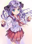  arms_up blue_eyes bow fingernails hair_bow hands hiiragi_kagami kink long_hair lucky_star pink_neckwear purple_hair ryouou_school_uniform school_uniform serafuku shiny shiny_hair smile solo twintails 