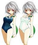  alternate_costume ball beachball blush bow braid breasts gintarou_(kurousagi108) hair_bow izayoi_sakuya large_breasts one-piece_swimsuit red_eyes school_swimsuit school_uniform short_hair silver_hair swimsuit touhou variations white_school_swimsuit white_swimsuit 