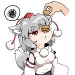  1girl :&lt; animal_ears annoyed blush breasts closed_mouth cookie detached_sleeves food food_on_face hat inubashiri_momiji jitome long_sleeves medium_breasts pom_pom_(clothes) red_eyes short_eyebrows short_hair silver_hair simple_background solo_focus spoken_ellipsis tail tokin_hat touhou unachika upper_body v-shaped_eyebrows white_background wide_sleeves wolf_ears wolf_tail 