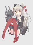  amatsukaze_(kantai_collection) bad_id bad_pixiv_id bangs black_panties blush brown_dress brown_eyes choker dress eyebrows eyebrows_visible_through_hair full_body garter_straps grey_background hair_tubes hairband highres kantai_collection knees_together_feet_apart lifebuoy long_hair long_sleeves o_o open_mouth panties pantyshot pantyshot_(sitting) red_legwear rensouhou-kun robot sailor_dress seedflare silver_hair simple_background sitting smile solo thighhighs torpedo turret two_side_up underwear 