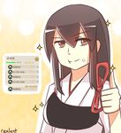  :t akagi_(kantai_collection) brown_eyes brown_hair character_name commentary food food_on_face gameplay_mechanics hair_between_eyes japanese_clothes kantai_collection long_hair looking_at_viewer muneate onigiri rexlent ribbon rice rice_on_face solo sparkle star straight_hair tasuki thumbs_up translated twitter_username 