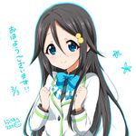  black_hair blue_eyes blush dated hair_ornament izumi_reina long_hair looking_at_viewer musaigen_no_phantom_world ragho_no_erika school_uniform smile solo tareme translated very_long_hair 